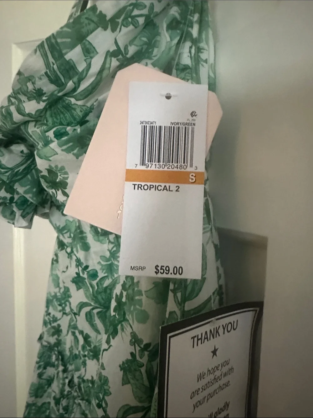 Macy's Green and White Floral Draped Accent Fabric Panel dress